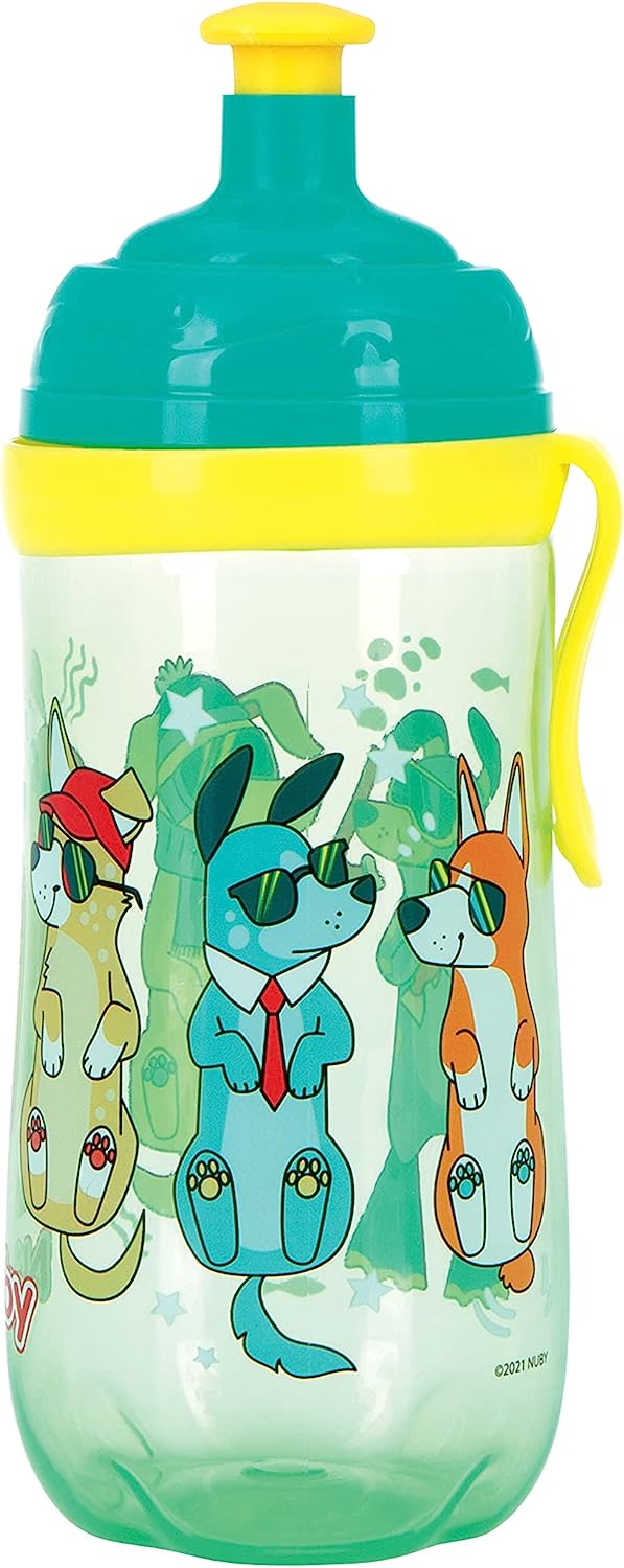 Nuby Busy Sipper, 2 Stage Cup with No Spill Spout, Free Flow Pop Up Sipper and Cover, 12 oz, Green Dog