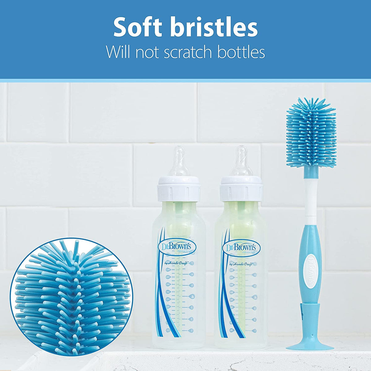 Dr. Brown's Baby Bottle and Nipple Brush Soft Touch and Sponge Brush, Blue Variety Pack, 2 -Pack