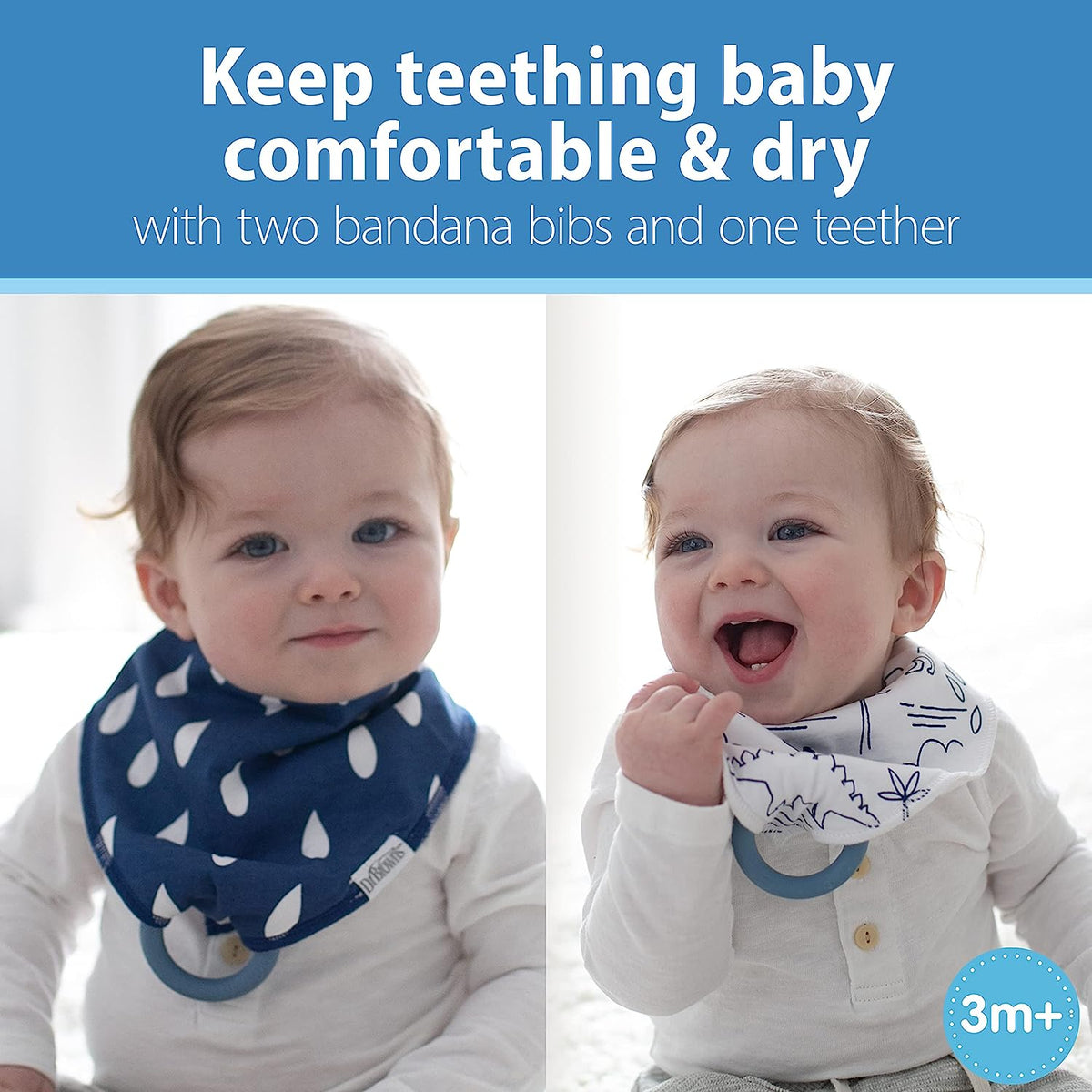 Dr. Brown's Bandana Bib with Snap-On Removable Teether, Cotton Baby Bib with Soft Fleece Lining for Teething &