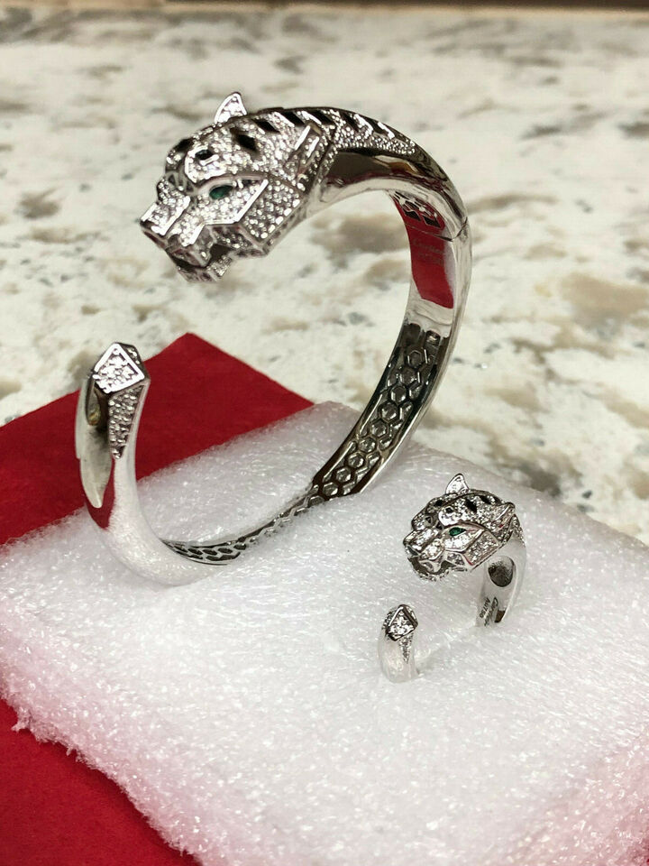 Panther Bracelet and Ring Women Silver Fine Jewelry AA CZ stone Steel
