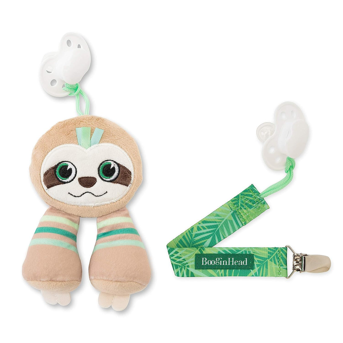 BooginHead Pacifier Holder Stuffed Animal and Baby Pacifier Clip, 2-Pack Sloths