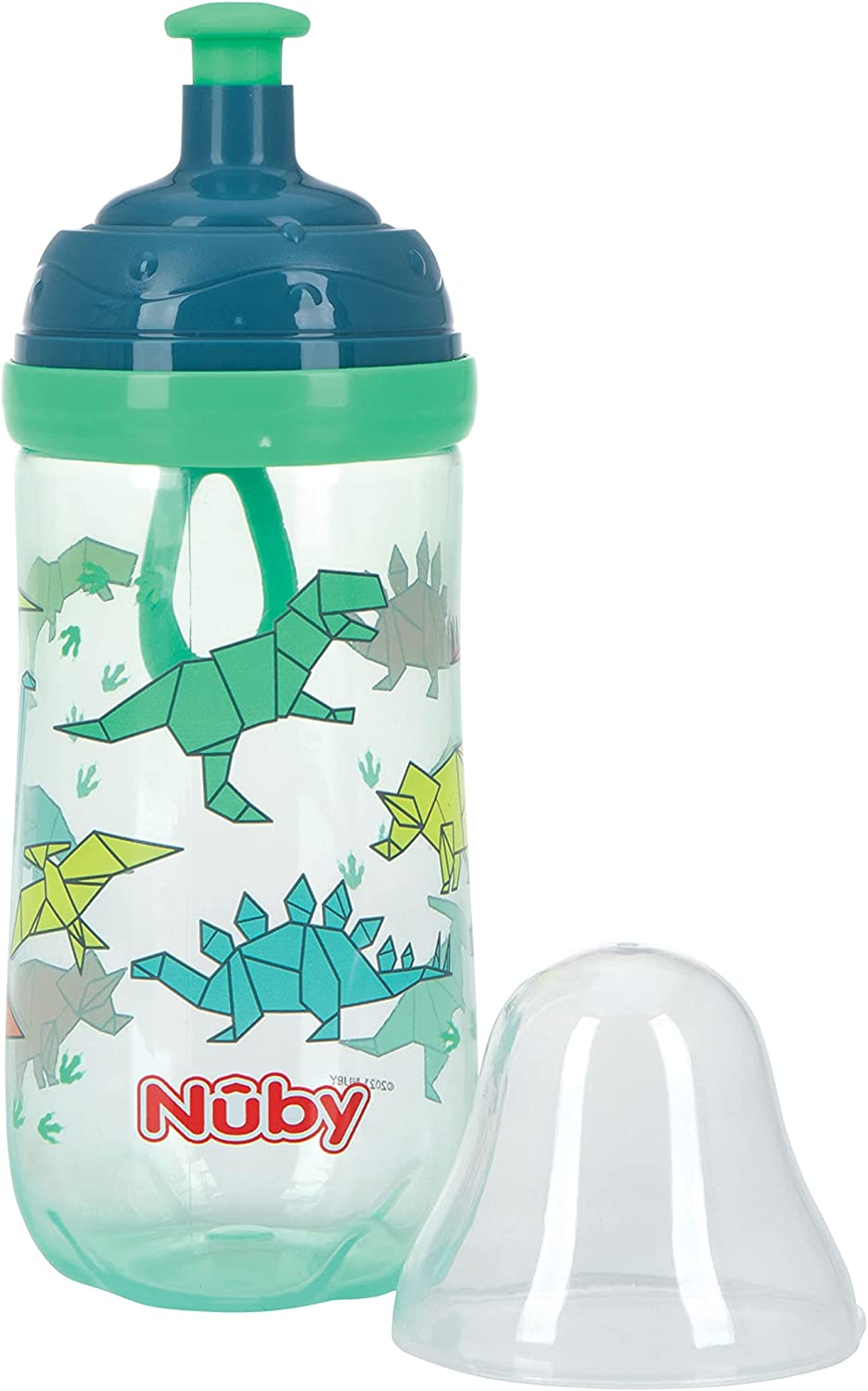Nuby Busy Sipper, 2 Stage Cup with No Spill Spout, Free Flow Pop Up Sipper and Cover, 12 oz, Dinosaur