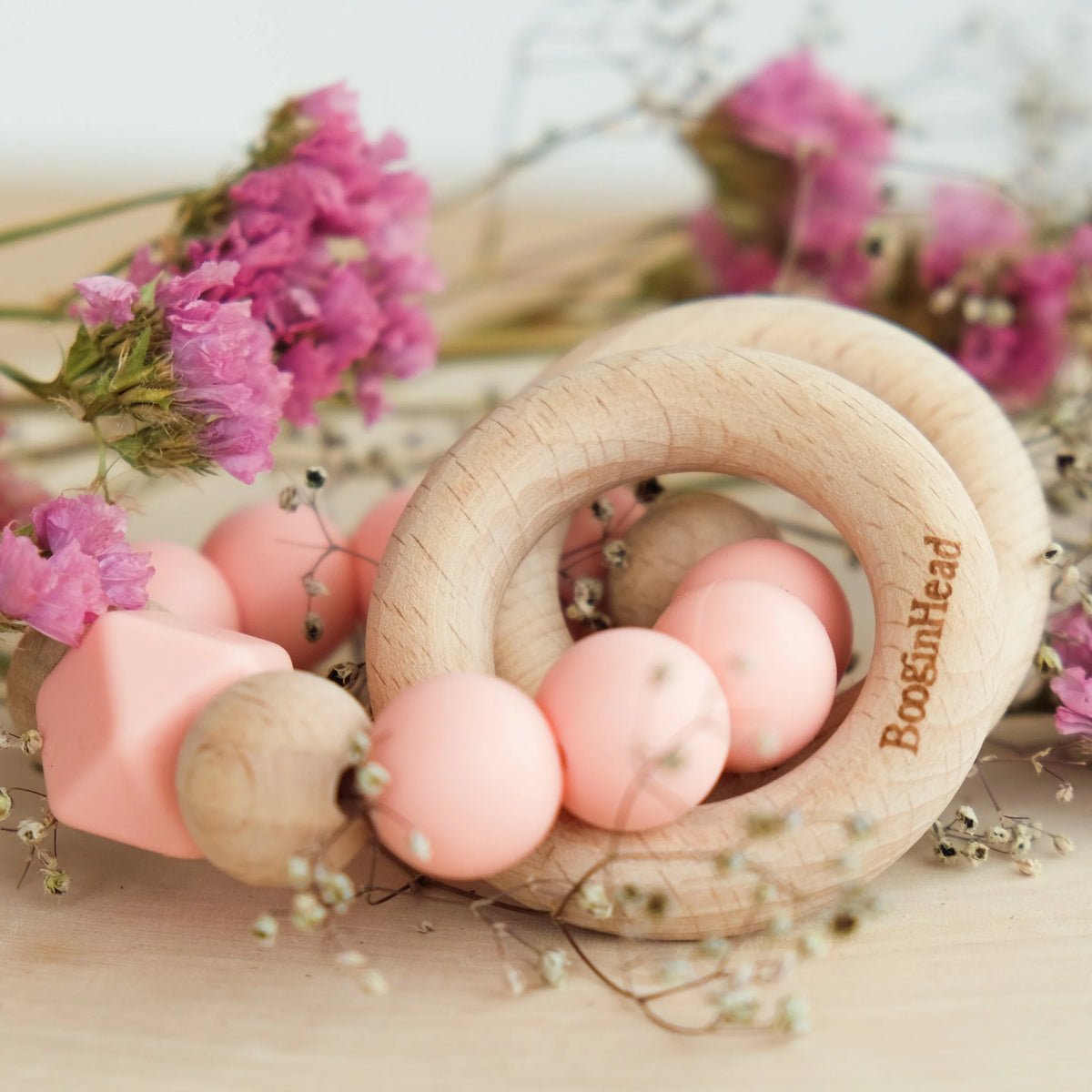 Booginhead Beaded Silicone & Wood Teether Rings Dusty Rose