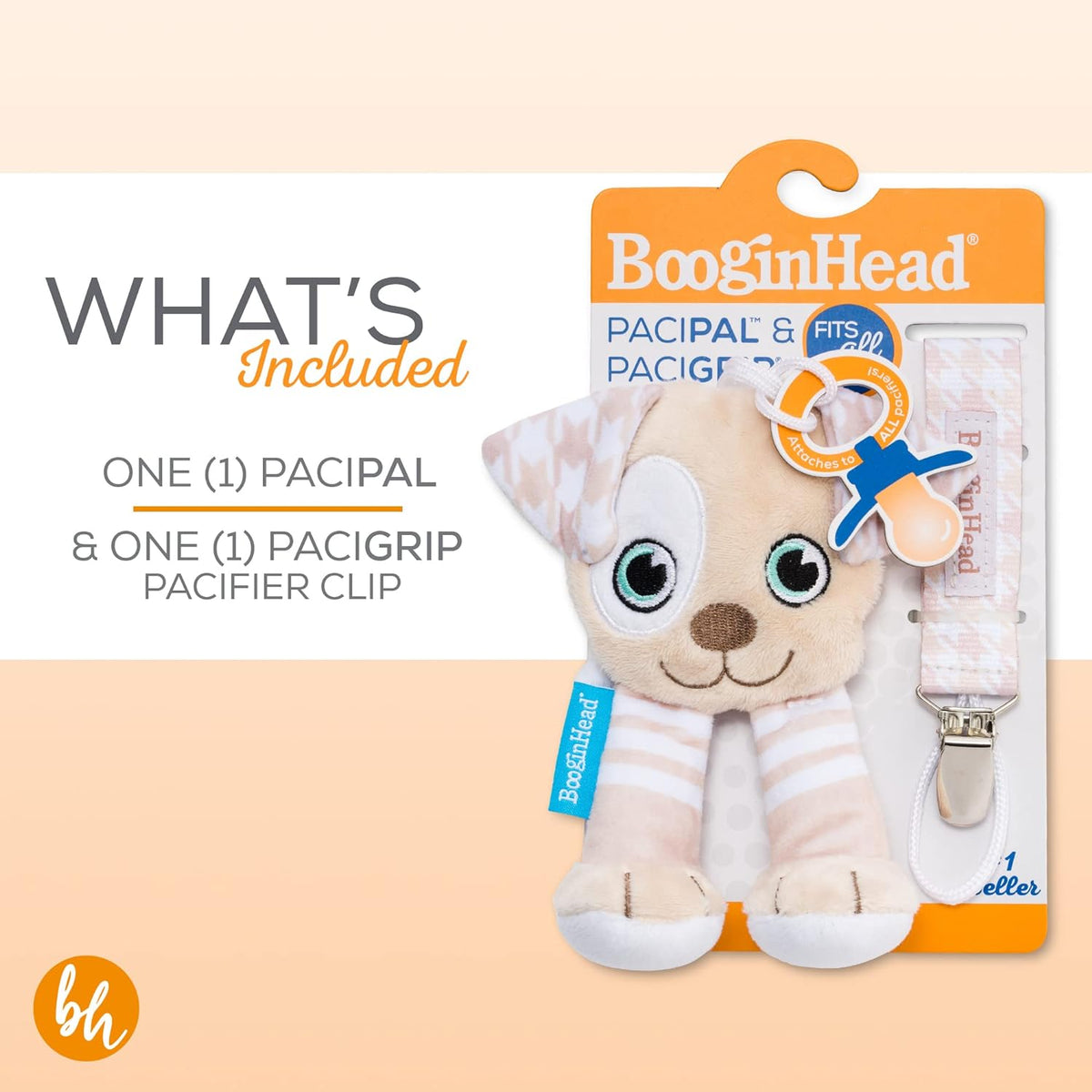 BooginHead Pacifier Holder Stuffed Animal and Baby Pacifier Clip, Brown Puppy