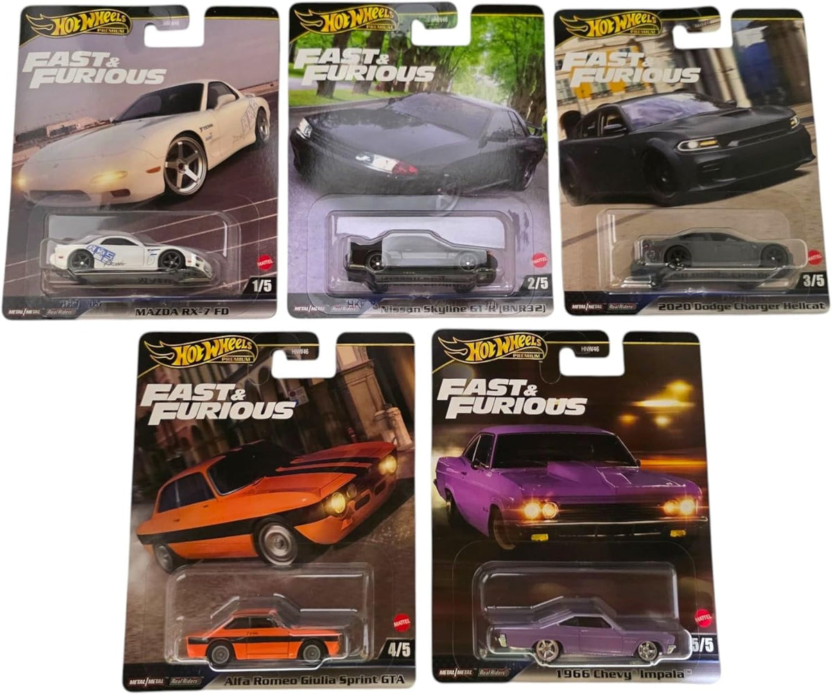 Hot Wheels Fast & Furious Die-Cast Cars Collection, 5-Pack Set, Mazda RX-7, Nissan Skyline GT-R, Dodge Charger, Alfa