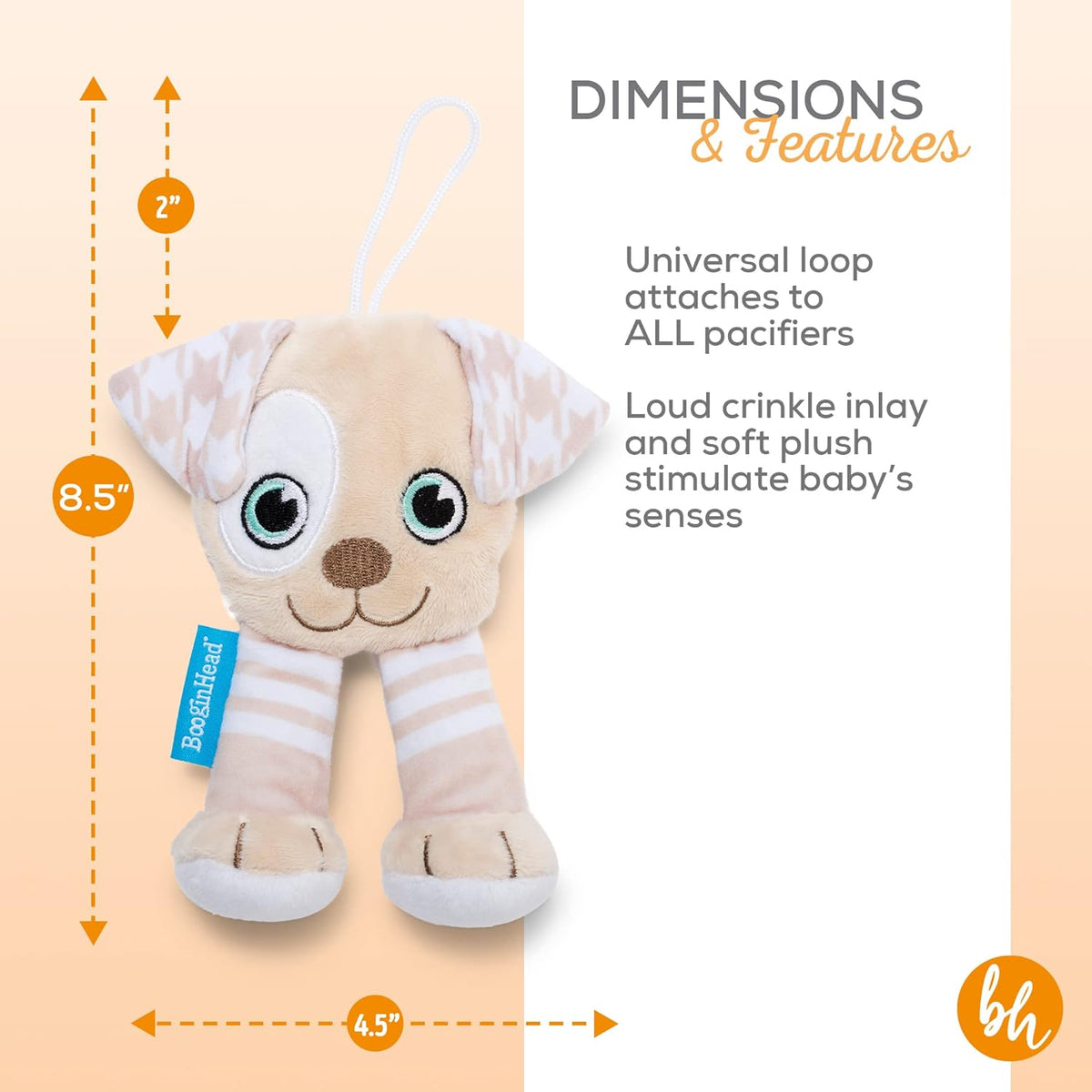 BooginHead Pacifier Holder Stuffed Animal and Baby Pacifier Clip, Brown Puppy