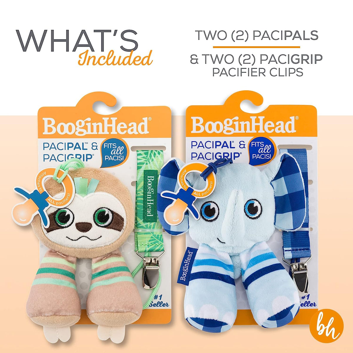 BooginHead Pacifier Holder Stuffed Animal and Baby Pacifier Clip, 2-Pack Elephants & Sloth