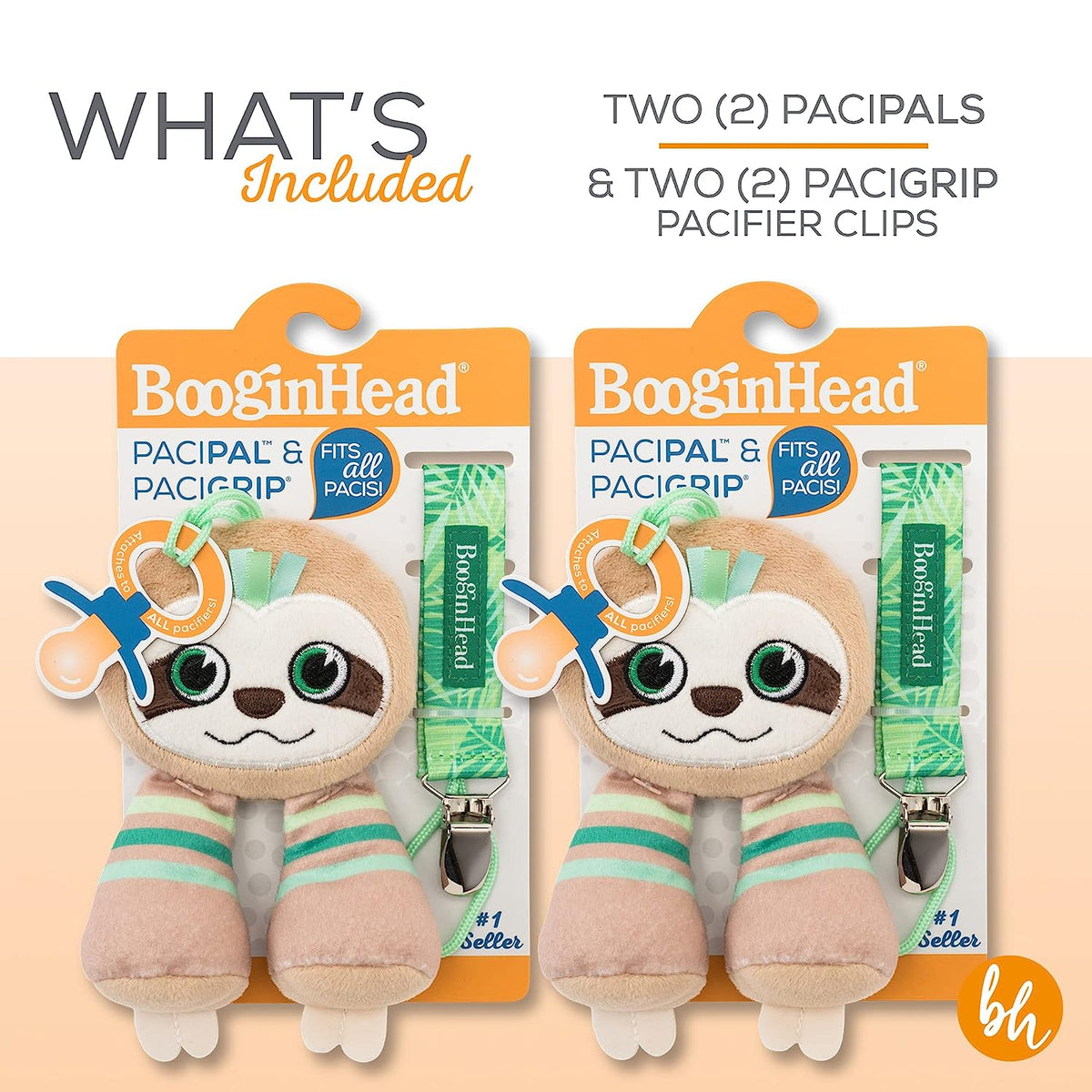 BooginHead Pacifier Holder Stuffed Animal and Baby Pacifier Clip, 2-Pack Sloths