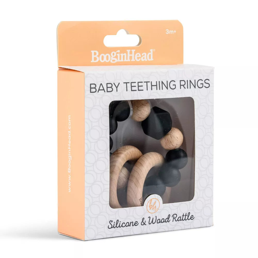 BOOGINHEAD BEADED SILICONE & WOOD TEETHER RINGS BLACK
