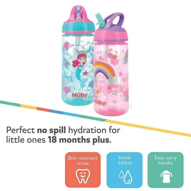 NUBY 2 Pack Flip it Kids On The Go Printed Water Bottle with Bite Proof Hard Straw - 18oz, 18 Months plus, Mermaid/ Rainbows