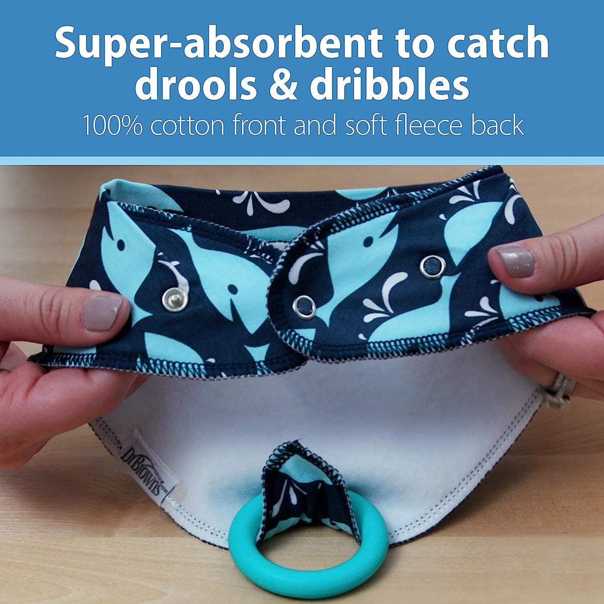 Dr. Brown's Bandana Bib with Snap-On Removable Teether, Cotton Baby Bib with Soft Fleece Lining for Teething &