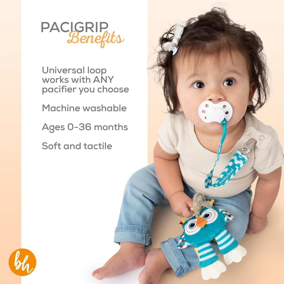 BooginHead Pacifier Holder Stuffed Animal and Baby Pacifier Clip,Turquoise Owl
