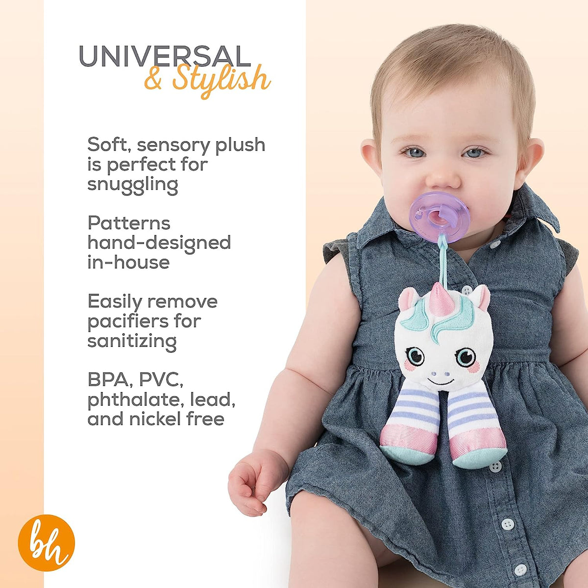 BooginHead Pacifier Holder Stuffed Animal and Baby Pacifier Clip, 2-Pack Unicorn