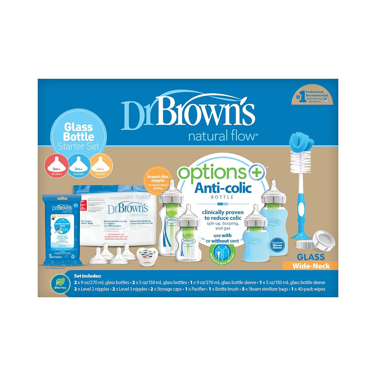 Dr. Brown's 20 Piece Options + Wide-Neck Glass Baby Bottle Starter Set