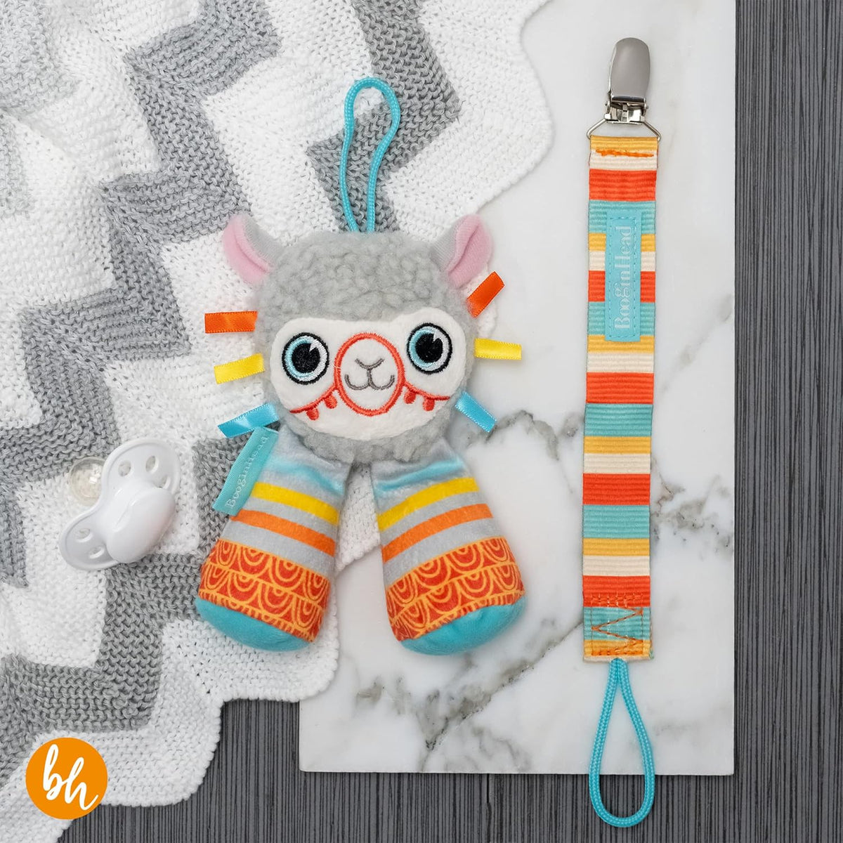 BooginHead Pacifier Holder Stuffed Animal and Baby Pacifier Clip, Gray Llama