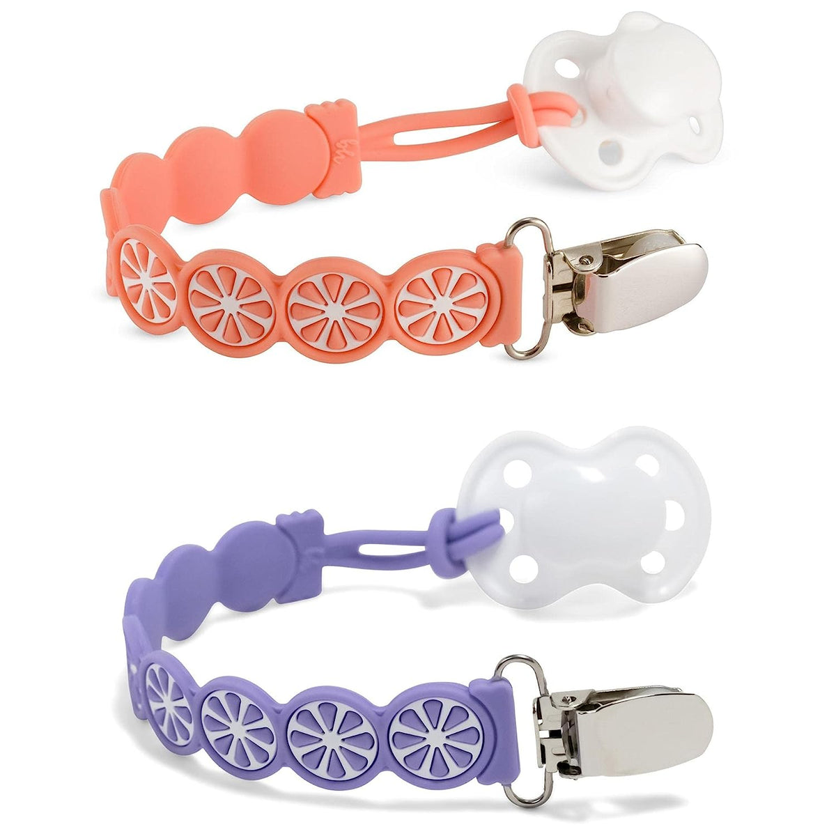 BooginHead Silicone Pacifier Clip Baby Pacifier Holder 2-Pack, Purple & Grapefruit