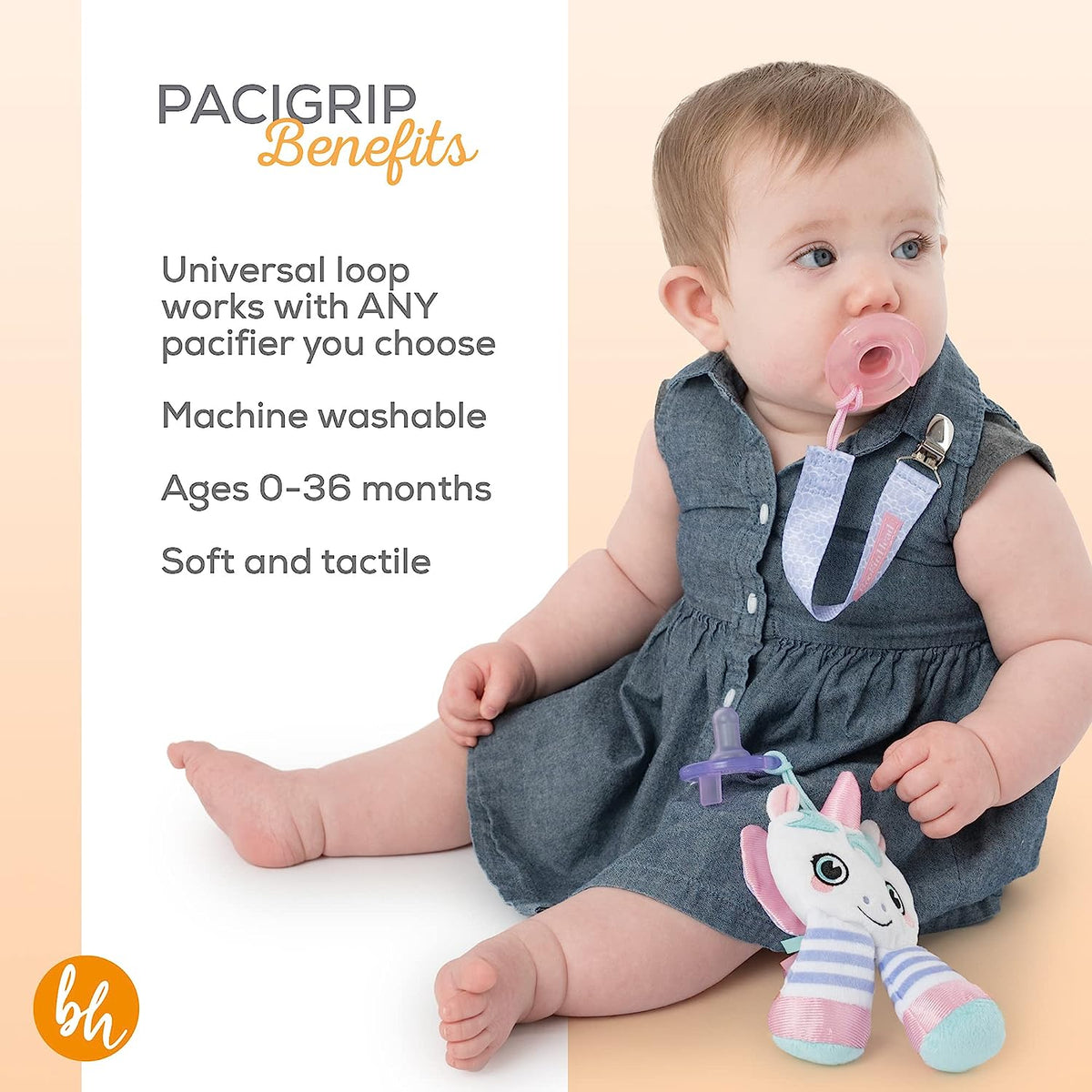 BooginHead Pacifier Holder Stuffed Animal and Baby Pacifier Clip, 2-Pack Unicorn
