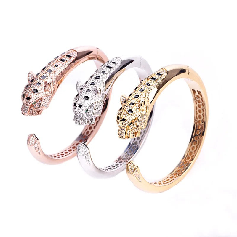 Panther Bracelet and Ring Women Rose Gold Fine Jewelry AA CZ stone Steel