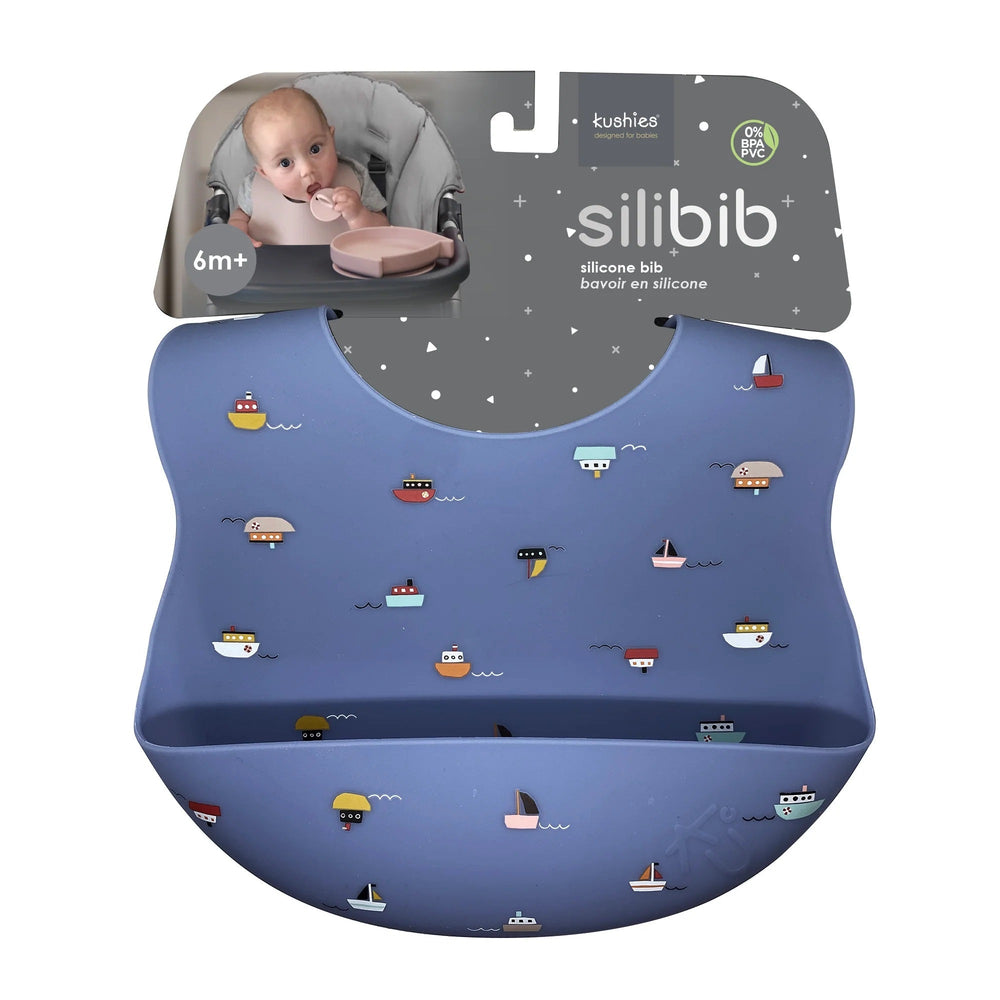 Kushies Soft Silicone Waterproof Bib with catch all pocket, Blue