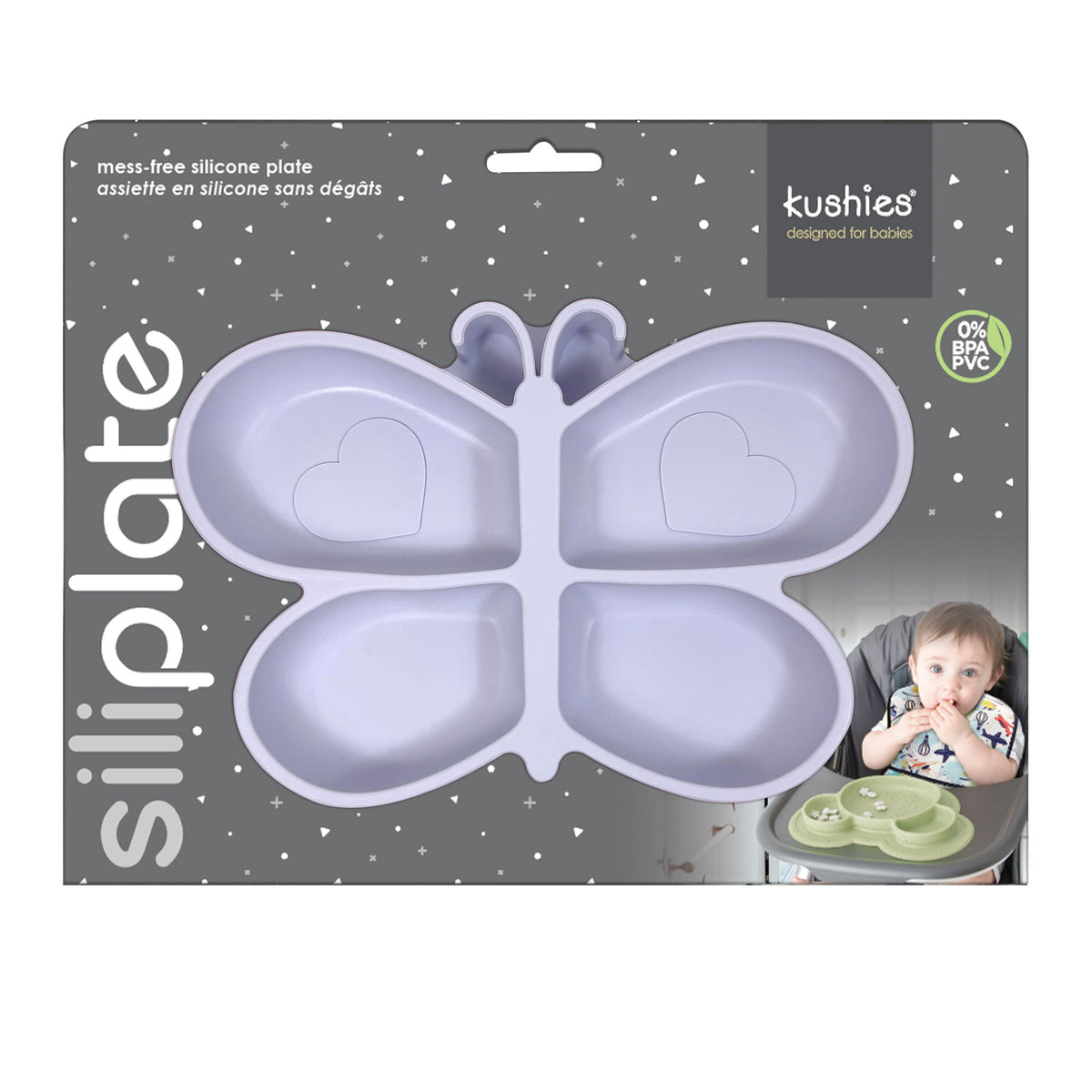 Kushies Silicone Divided Suction Plate, Unbreakable, Microwave Safe, Purple Butterfly - view 3