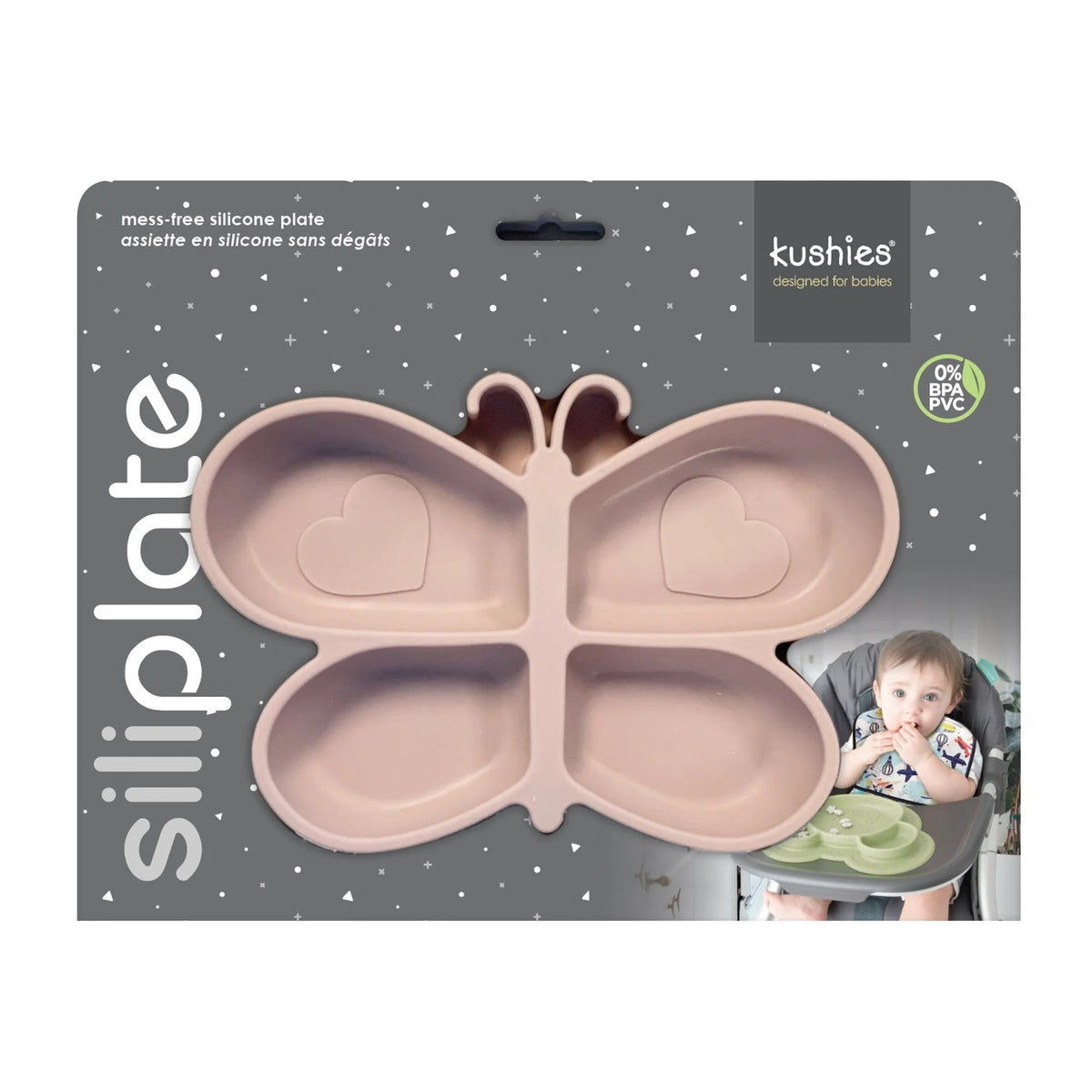 Kushies Silicone Divided Suction Plate, Unbreakable, Microwave Safe, Pink Butterfly