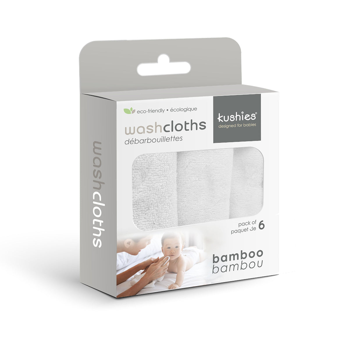 Kushies Bamboo Cotton Wash Cloths/Towels for sensitive skin, 6 Pack, White - view 3