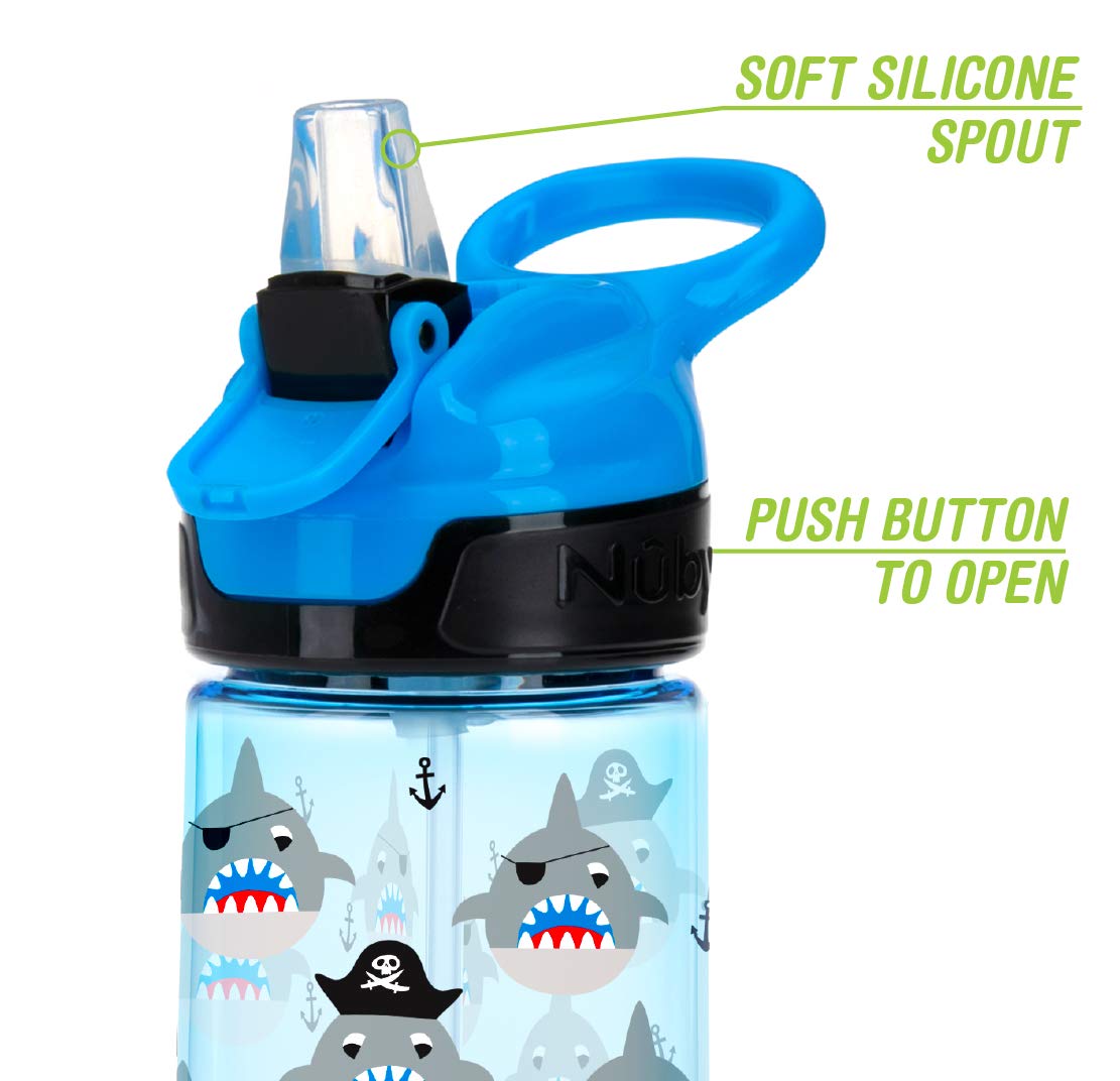 NUBY Push Button Flip-it Soft Spout Tritan Water Bottle, Blue Sharks, 18oz