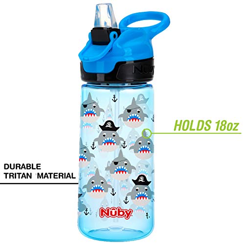 NUBY Push Button Flip-it Soft Spout Tritan Water Bottle, Blue Sharks, 18oz