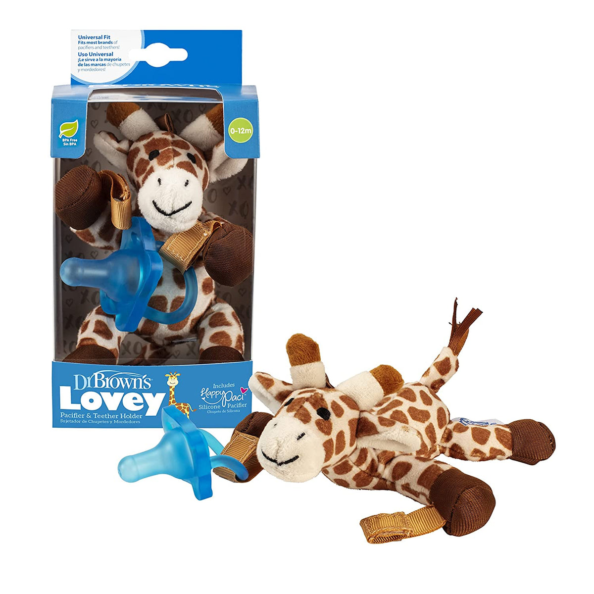 Dr. Brown's Baby Lovey Pacifier Holder & Teether Clip, Soft Plush Stuffed Animal Giraffe Pacifier Tether with Blue