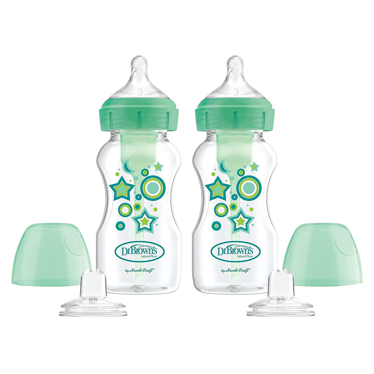 Dr. Brown's Natural Flow Anti-Colic Options+ Wide-Neck Sippy Bottle Starter Kit, 9oz/270mL, 2pack, Green
