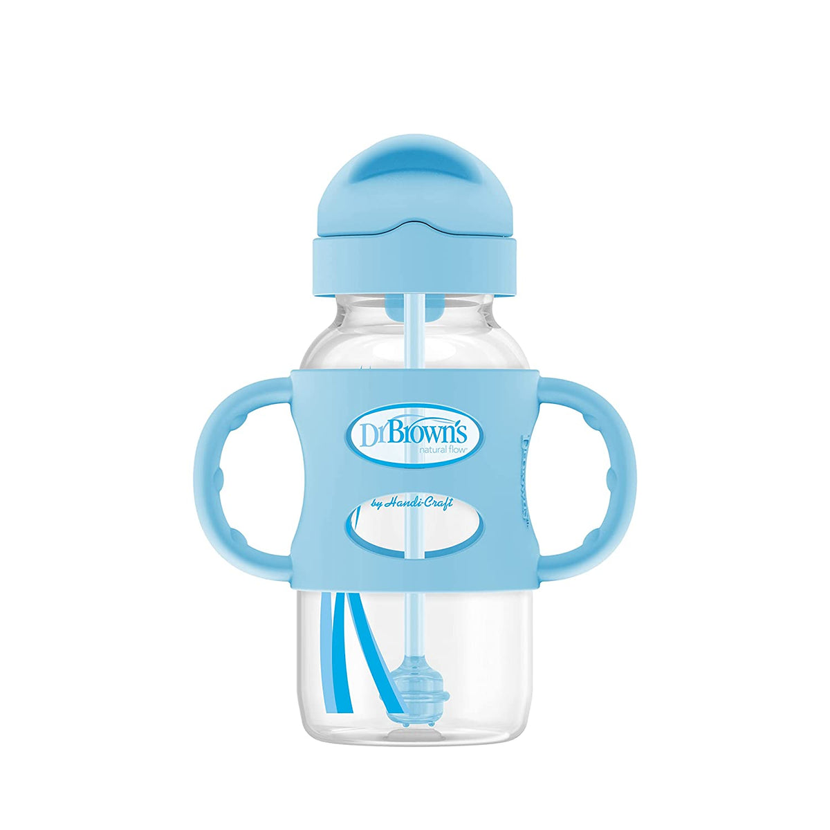 Dr. Brown's Milestones Wide-Neck Sippy Straw Bottle with Silicone Handles, 9oz, Blue, 1 Pack, 6m+