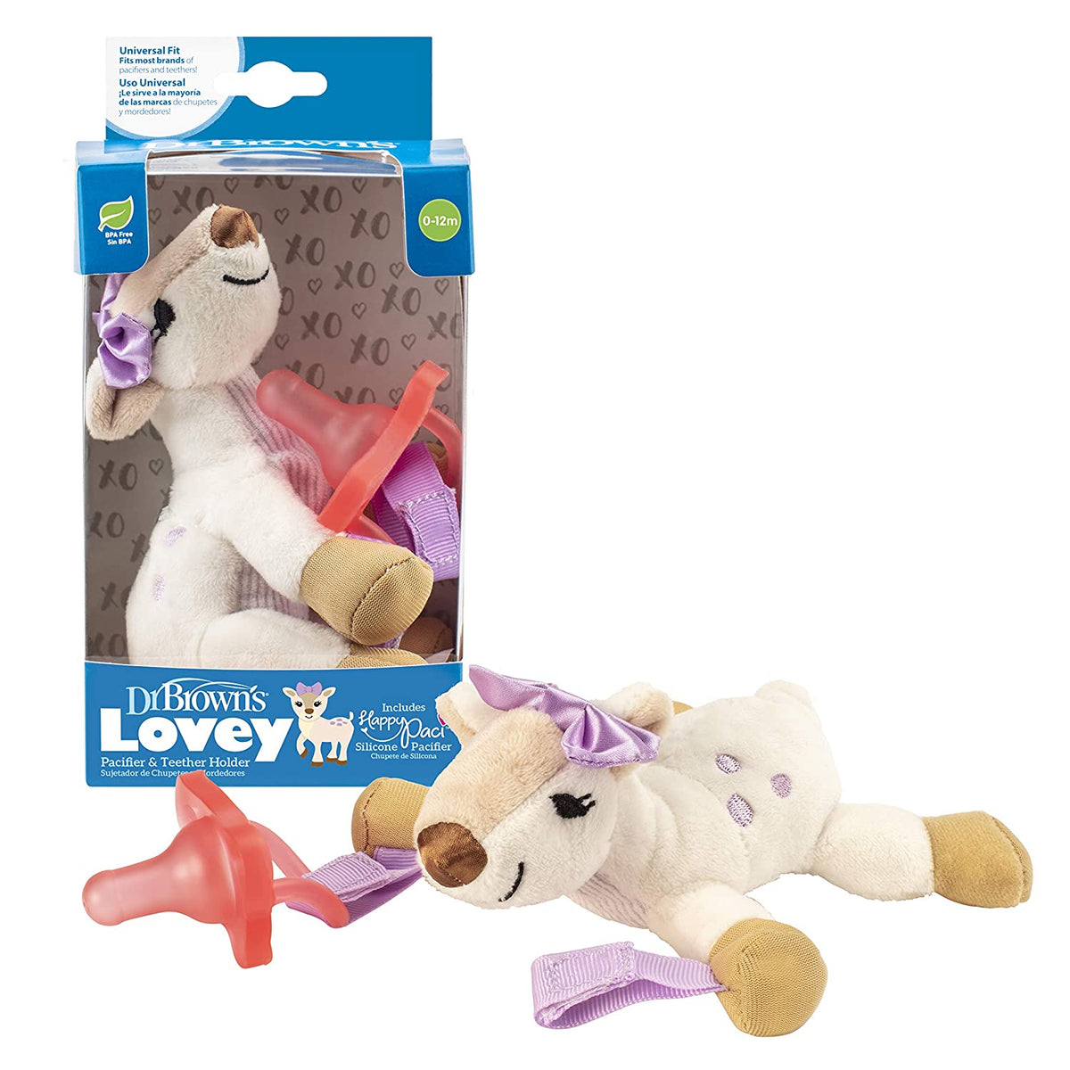 Dr. Brown's Baby Lovey Pacifier Holder & Teether Clip, Soft Plush Stuffed Animal Deer Pacifier Tether with Pink