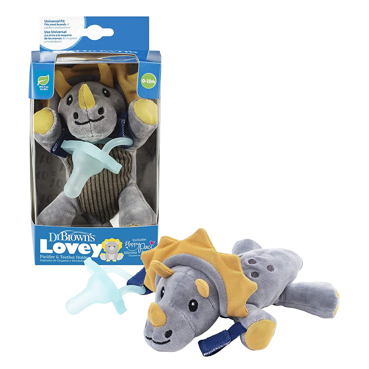 Dr. Brown's Baby Lovey Pacifier Holder & Teether Clip, Soft Plush Stuffed Animal Triceratops Pacifier Tether with Teal