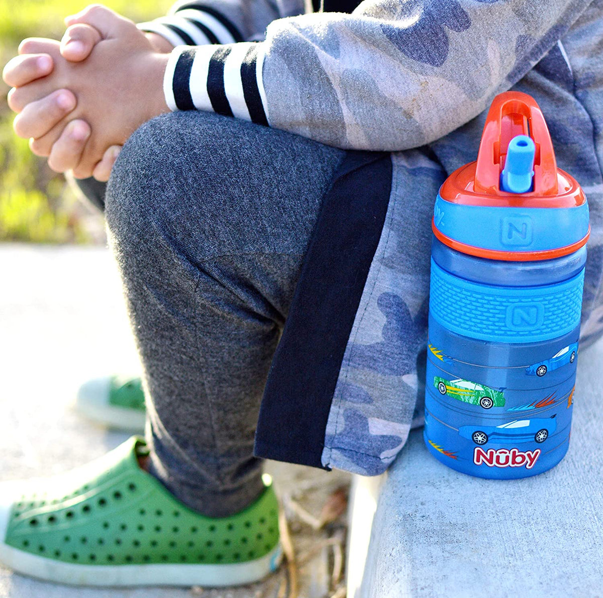 NUBY Thirsty Kids Flip-it Freestyle 12oz Water Bottle with Bite Resistant Hard Straw, Blue Cars
