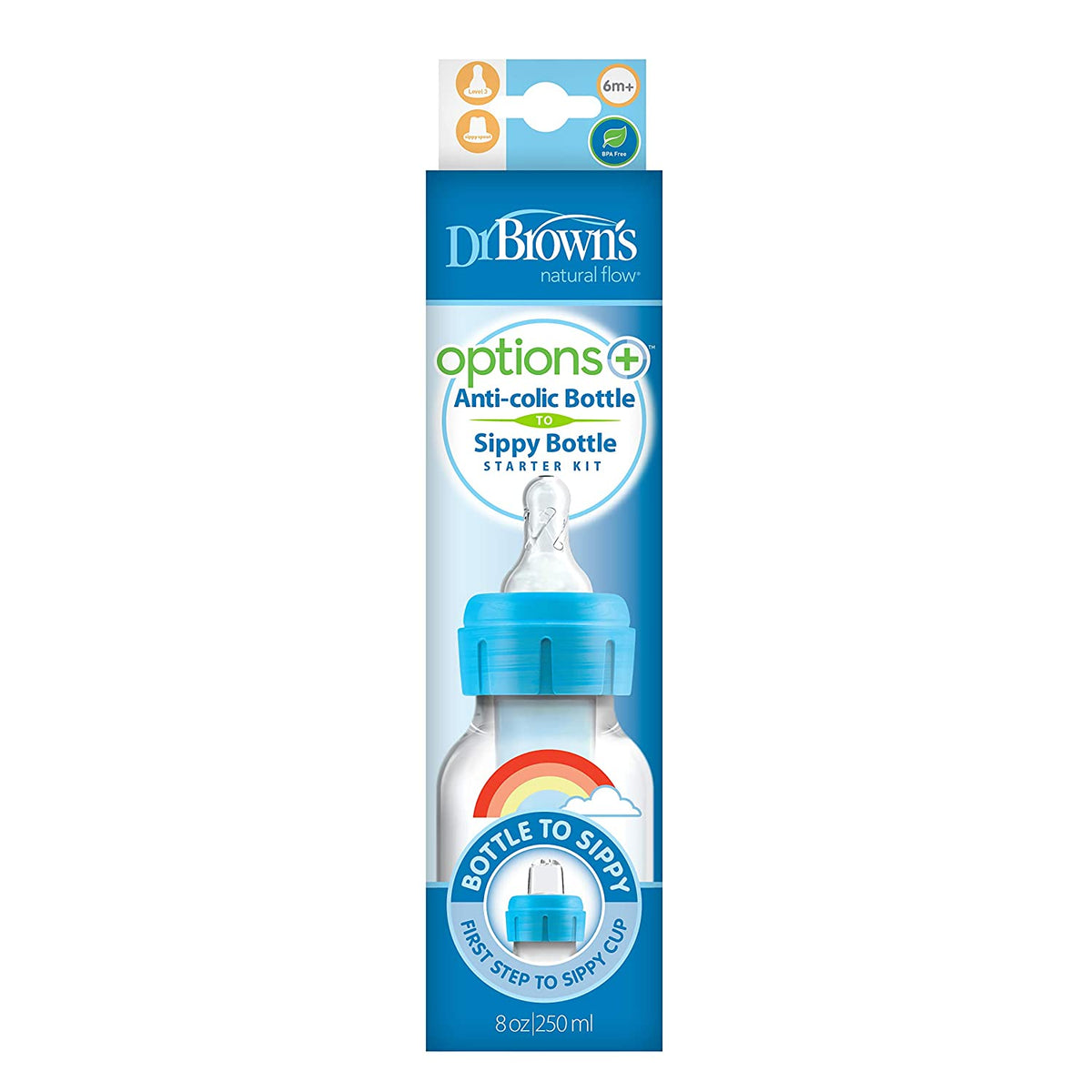 Dr. Brown’s Natural Flow Anti-Colic Options+ Narrow Sippy Bottle Starter Kit, 8oz/250mL, 2 pack, Blue