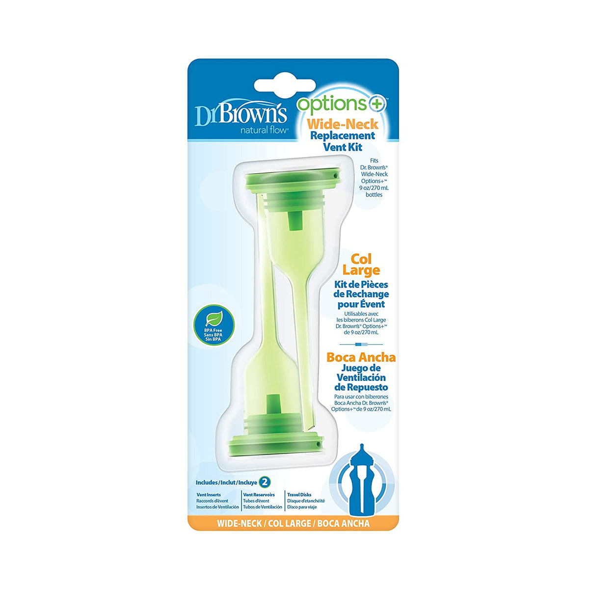 Dr. Brown's Natural Flow Options + Replacement Vent Kit, 2-Pack, Wide-Neck 9oz