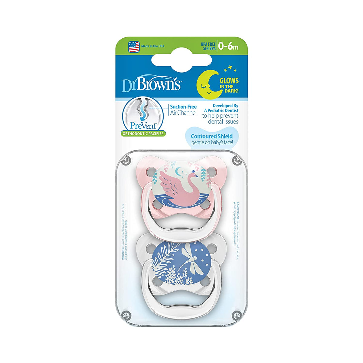 Dr. Brown's PreVent Orthodontic Baby Pacifier, Stage 1, 0-6m, 2-Pack, Glow in the Dark - Pink