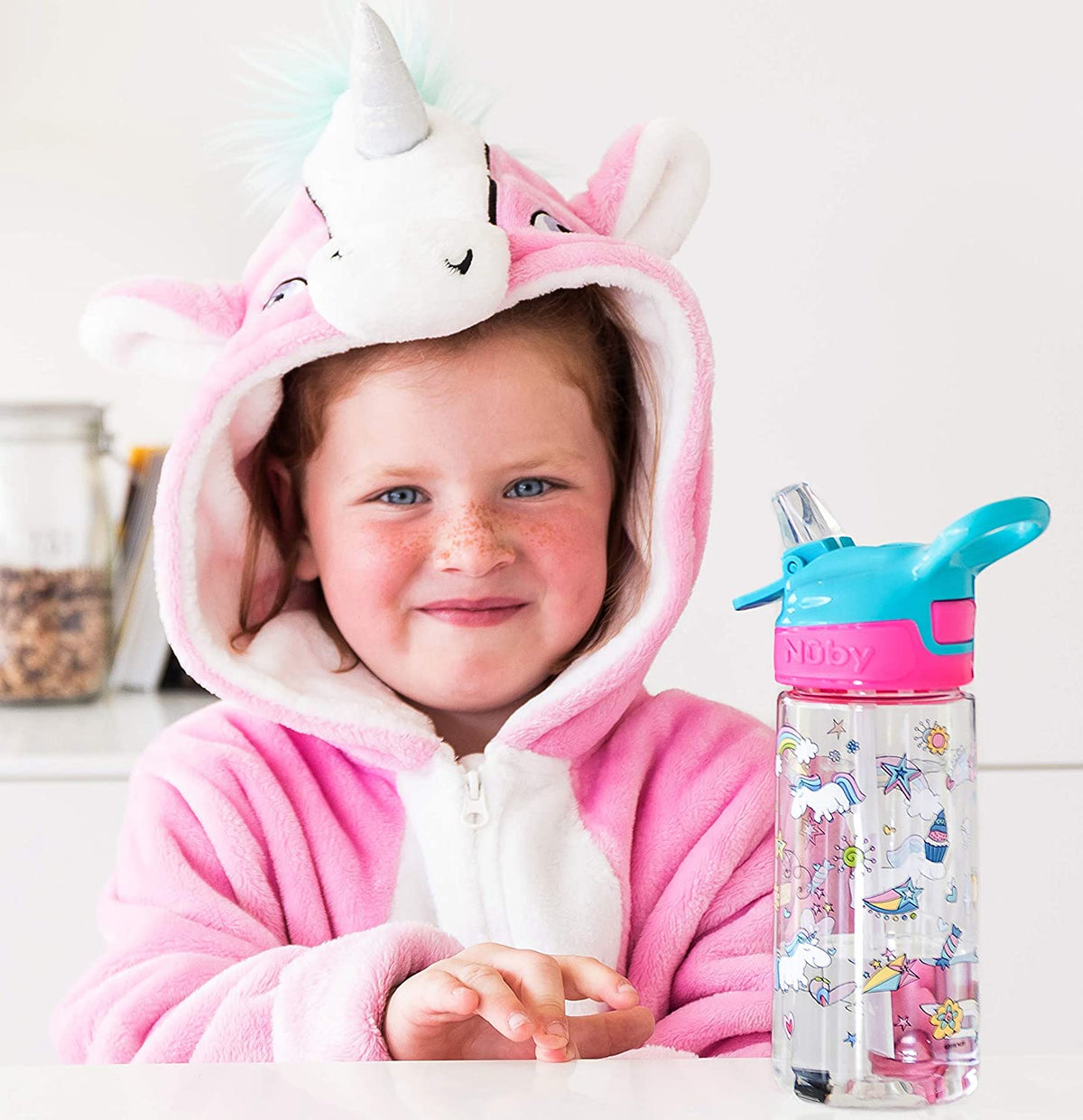 NUBY Push Button Flip-it Soft Spout Tritan Water Bottle, Pink Unicorns, 18oz