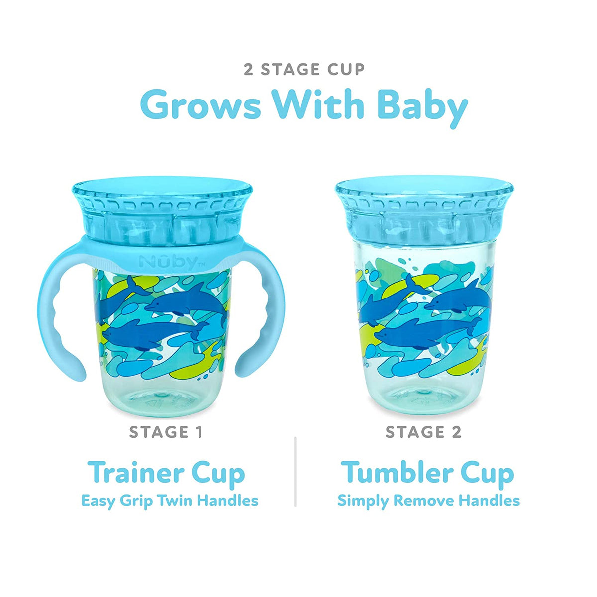 NUBY No-Spill Edge 360 2 Stage Drinking Cup with Removable Handles, Blue Whale
