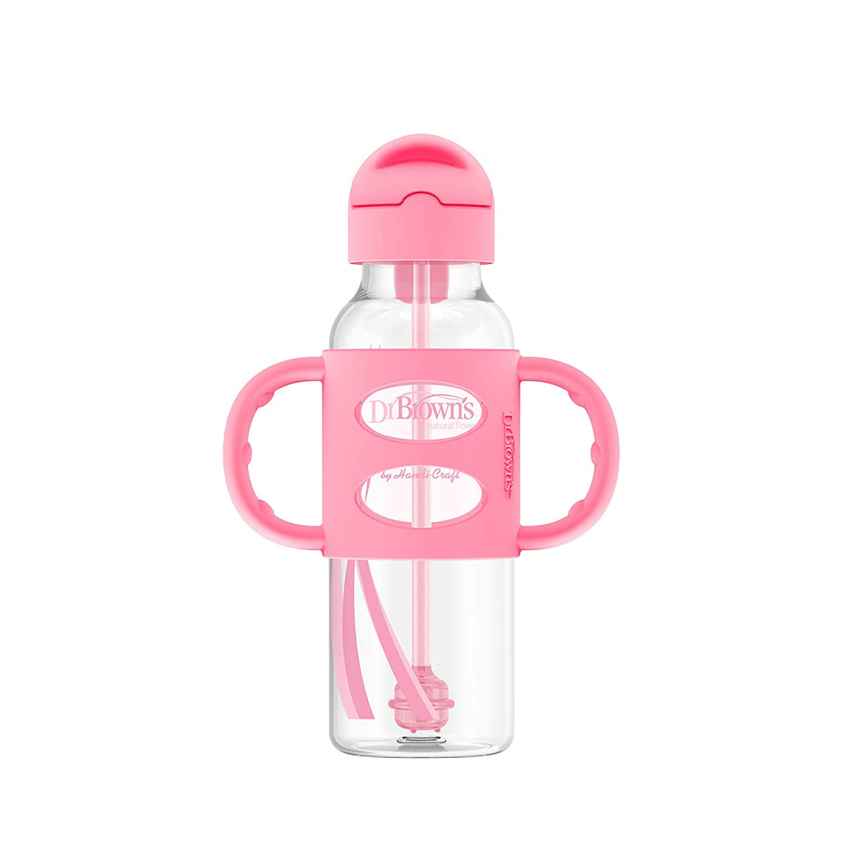 Dr. Brown's Milestones Narrow Sippy Straw Bottle with 100% Silicone Handles, 8oz/250mL, Gray & Pink, 2 Pack, 6m+