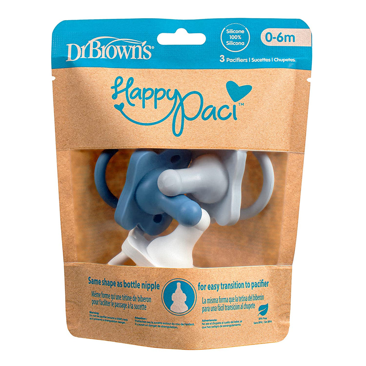 Dr. Brown's HappyPaci 100% Silicone Pacifier 0-6m, Boy, 3 Pack