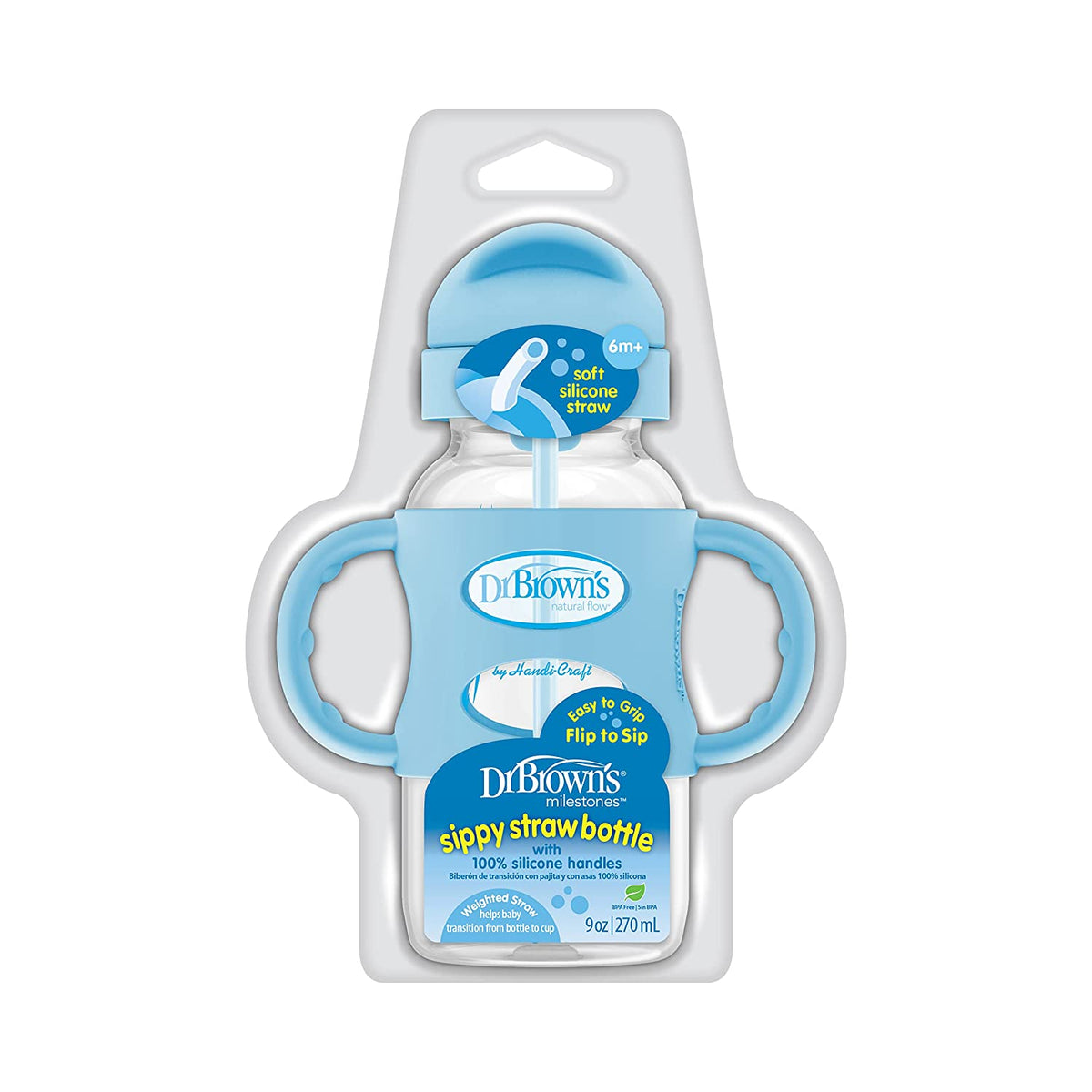 Dr. Brown's Milestones Wide-Neck Sippy Straw Bottle with Silicone Handles, 9oz, Blue, 1 Pack, 6m+