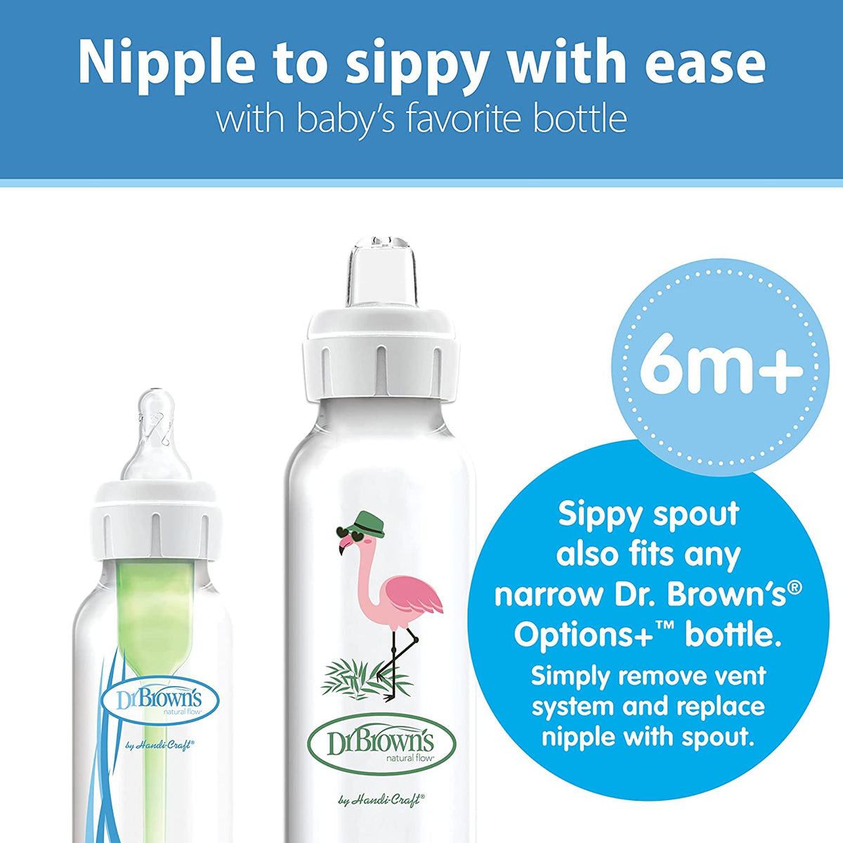 Dr. Brown's Milestones Narrow Sippy Bottle, 100% Silicone Soft Sippy Spout, 8oz/250mL, Lion, Flamingo, Fox, & Bunny, 6m+