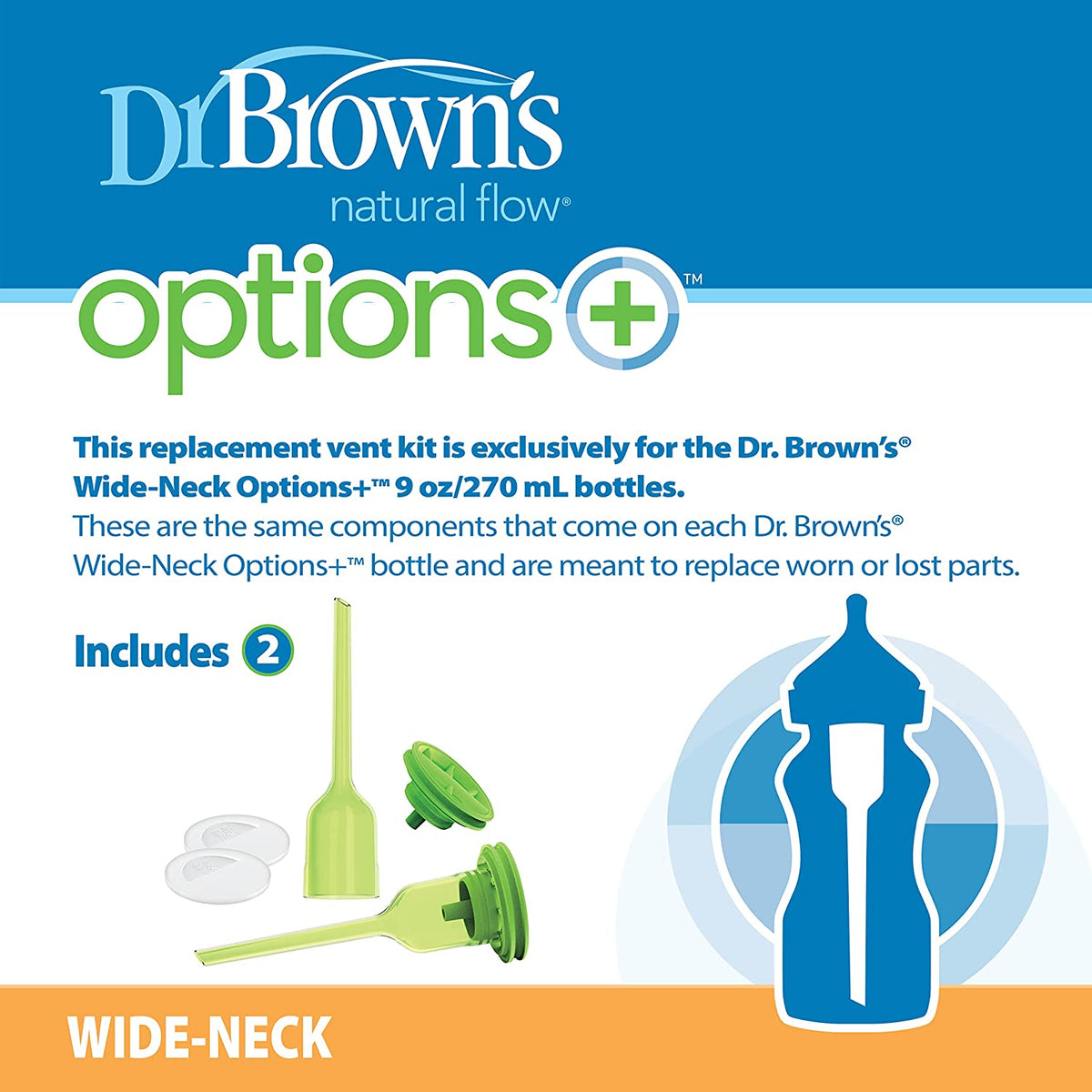 Dr. Brown's Natural Flow Options + Replacement Vent Kit, 2-Pack, Wide-Neck 9oz