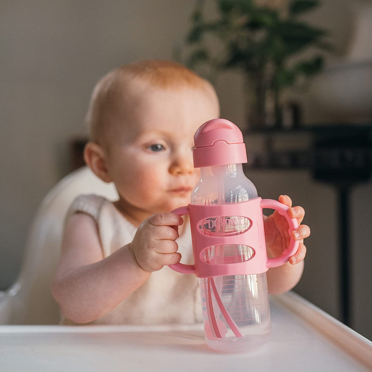 Dr. Brown's Milestones Narrow Sippy Straw Bottle with 100% Silicone Handles, 8oz/250mL, Pink, 1 Pack, 6m+