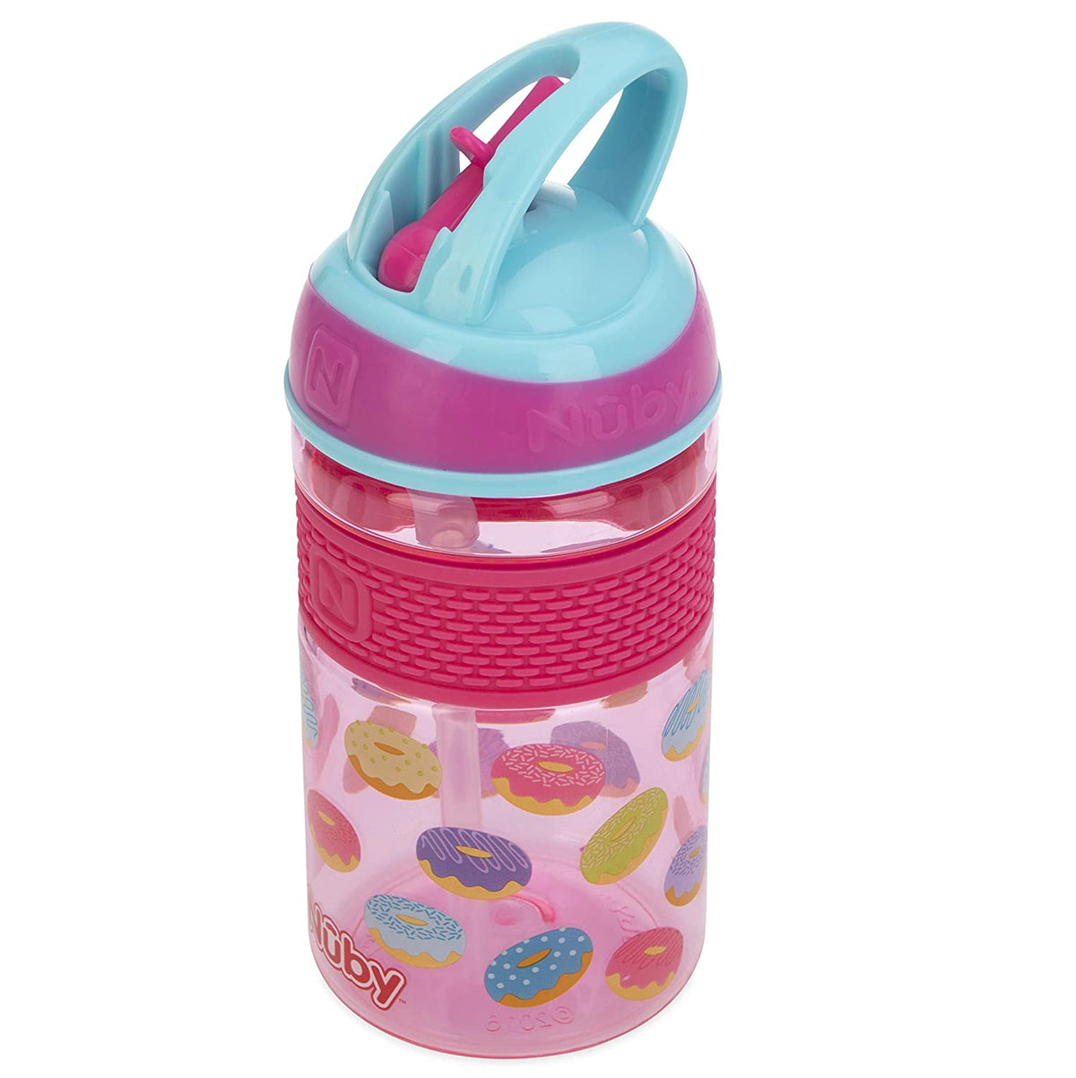 Nuby Thirsty Kids Flip-it On the Go Water Bottle with Bite Resistant Hard Straw Cup, Pink Donuts, 12 Ounce