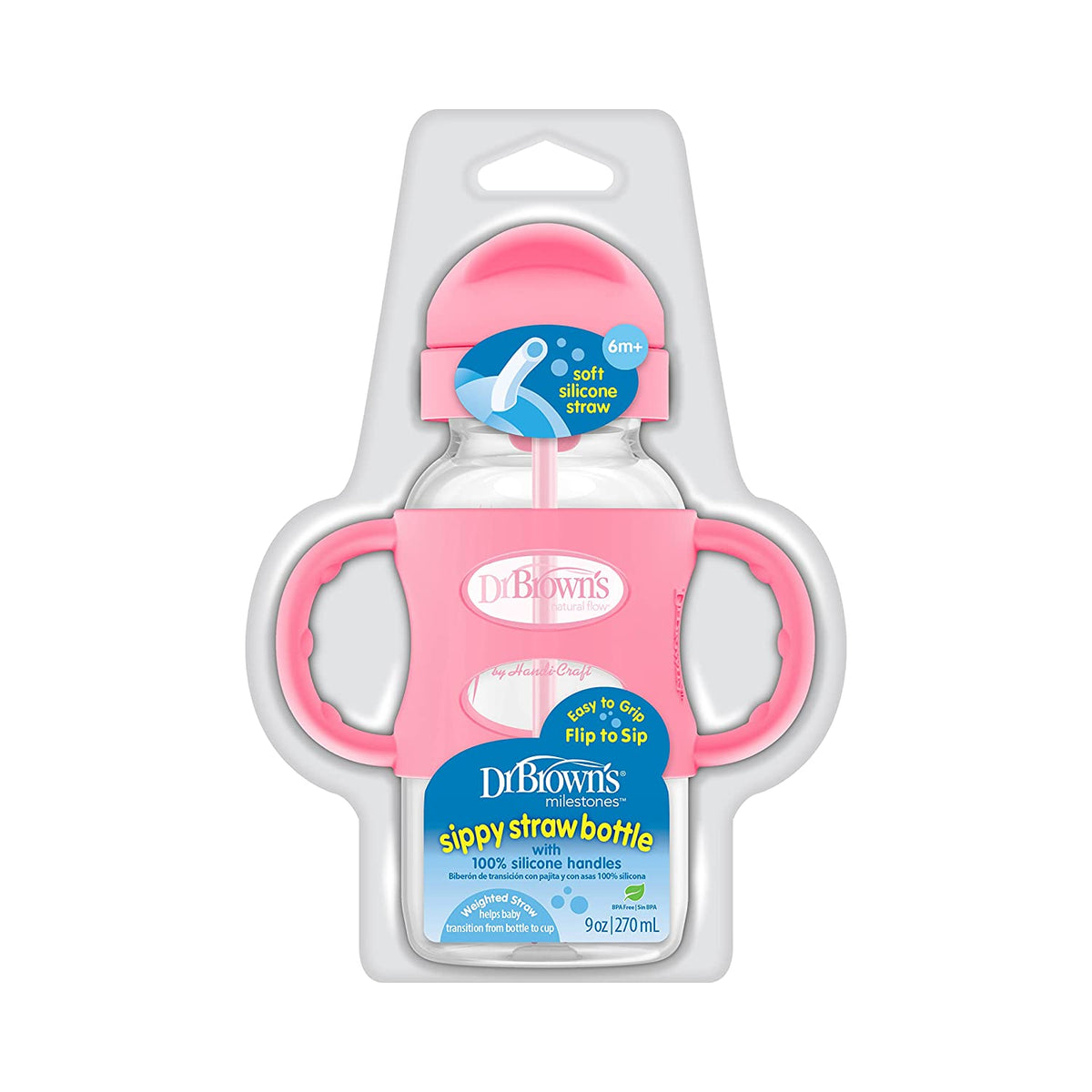 Dr. Brown's Milestones Wide-Neck Sippy Straw Bottle with Silicone Handles, 9oz, Pink, 1 Pack, 6m+