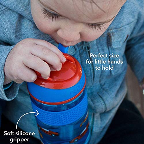 NUBY Thirsty Kids Flip-it Freestyle 12oz Water Bottle with Bite Resistant Hard Straw, Blue Cars