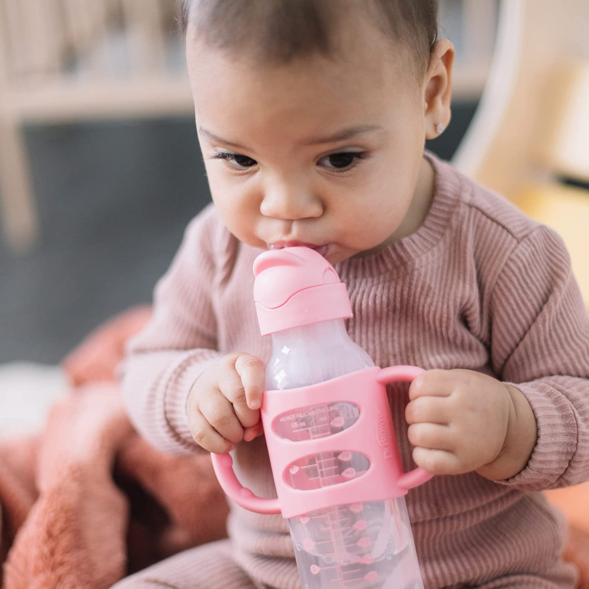 Dr. Brown's Milestones Narrow Sippy Straw Bottle with 100% Silicone Handles, 8oz/250mL, Pink, 1 Pack, 6m+