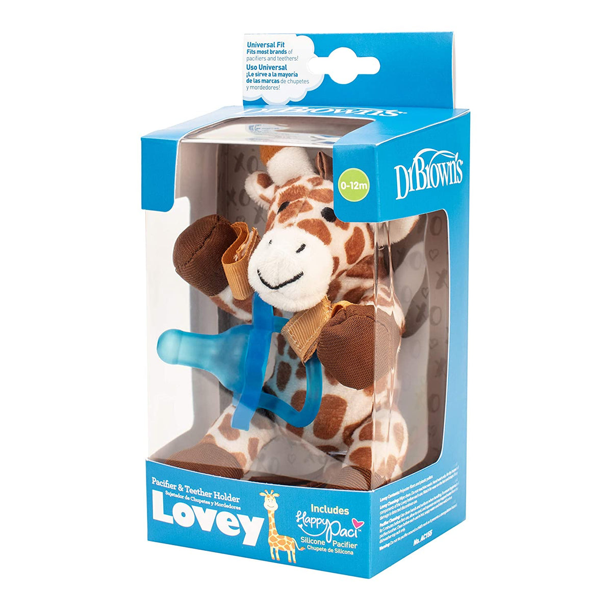 Dr. Brown's Baby Lovey Pacifier Holder & Teether Clip, Soft Plush Stuffed Animal Giraffe Pacifier Tether with Blue